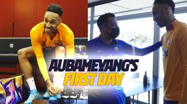 AUBAMEYANG MEETS XAVI + NEW TEAM MATES... 🔵🔴