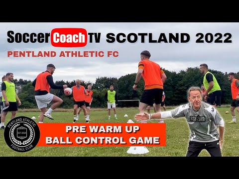 SoccerCoachTV UK Tour 2022. Edinburgh, Scotland. Try this FUN Pre Warm Up "Ball Control Game".